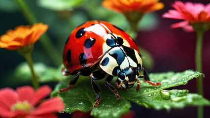 Close-up of a ladybug on a green leaf. Selective focus.
