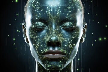 portrait of a woman with holography pattern on her face and lights on a dark background, cybernetics, science fiction concept and cyber art