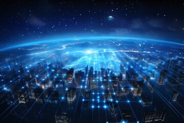 surface of earth planet with futuristic computer technology and mega city, digital connections with hologram and glow against background of space, concept of globalization and urbanization