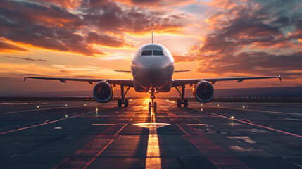 An airplane is poised on the runway against a dramatic sunset sky, symbolizing the anticipation of travel and adventure. - obrazy, fototapety, plakaty