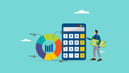 fund allocation graph, cost structure calculation of expenses and income in business, budget analysis office operational costs, businessman carrying banknotes next to calculator and funding pie chart