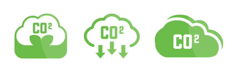 Green cloud co2 icons reduction collection. CO2 emission, reduction, neutrality symbols. Net zero emissions - obrazy, fototapety, plakaty
