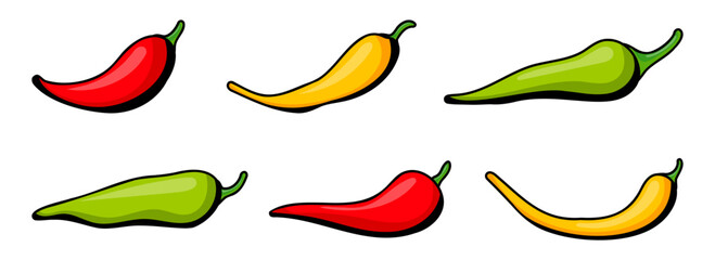 Pepper icons in a flat design. Set of cartoon pepper icons. Chili hot pepper icons