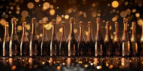 Golden champagne bottles lined up with sparkling bokeh, celebration elegance - obrazy, fototapety, plakaty