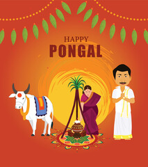 Happy Pongal Holiday Harvest Festival of Tamil Nadu South India greeting background