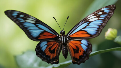 Close-up of a beautiful butterfly with bright wings on a blurred background of flowers