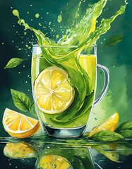 Glass of green tea with splash of lemon slice on black background - 743704211