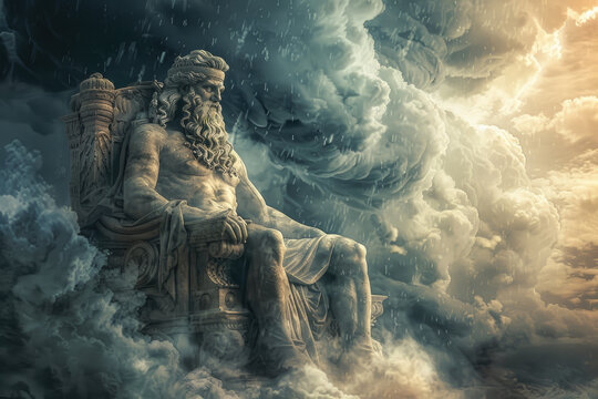 Mythological god sitting on the throne in the dark stormy sky.