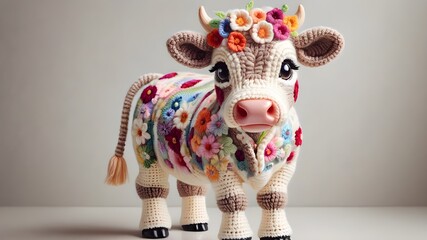 Obraz na płótnie Canvas crochet cow on a white background,Knitted toy.