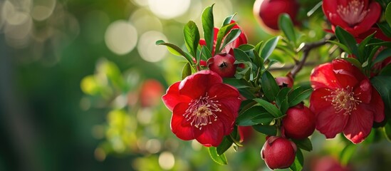 Red flowers on a pomegranate tree. - Powered by Adobe