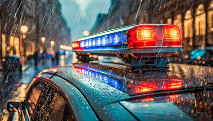 Closeup of red and blue flashing lights on top of police patrol car, on a busy city street during rain. Generative Ai.
