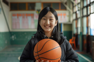 Portrait happy asian girl holding basketball in a school gymnasium - obrazy, fototapety, plakaty
