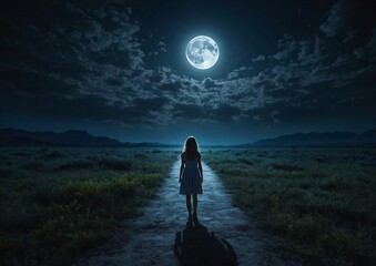 The silhouette of a girl walking in the moonlight symbolizes loneliness and emptiness
 - obrazy, fototapety, plakaty