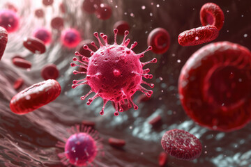 3d render illustration of human blood cells and flu virus