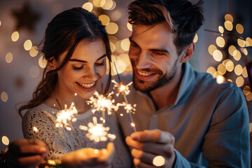 Obraz na płótnie Canvas happy couple burning sparklers celebrating the new year together