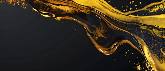 Splashes of oily liquid. Organic or motor oil on a black background - obrazy, fototapety, plakaty