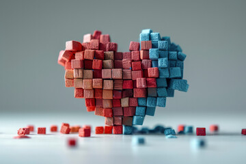 A conceptual image of a 3D model of a heart made from small multi-toned red and blue blocks
