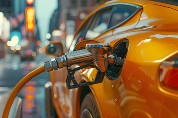 filling Oil Gas Fuel at station. Gun petrol in the tank to fill. Pumping gasoline fuel in car at gas station.