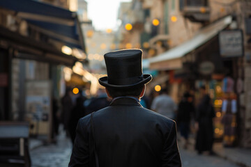 Rear view of a Jewish man wearing a top hat in the street - obrazy, fototapety, plakaty