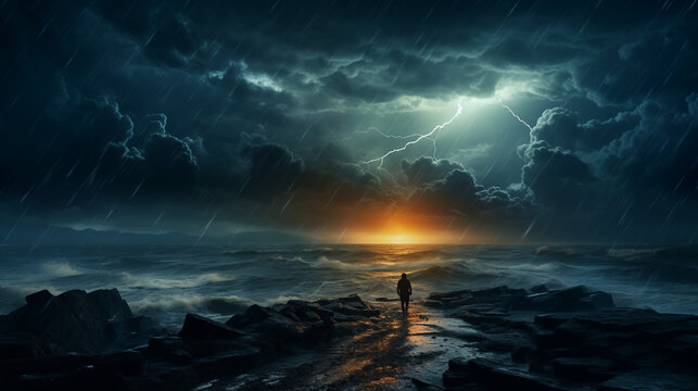 Silhouetted Person Facing Ocean Storm with Lightning