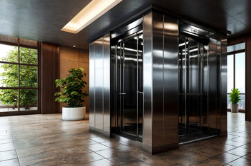 Modern steel elevator cabin in house or multi-apartment skyscraper. Background of interior floor of elevator platform with elevators and sunlight in business center. Copy space for site