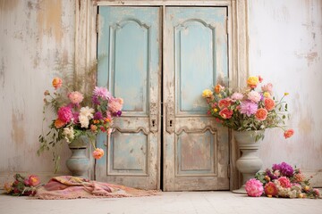 Fototapeta na wymiar Antique Door Inspired Bohemian Chic Lounge in Pastel Door Hues