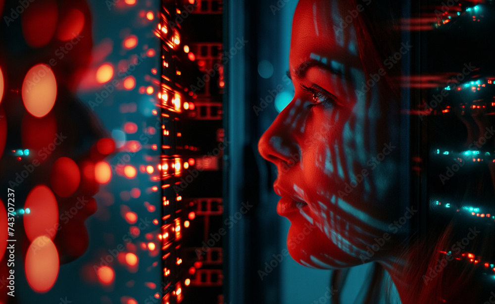 Poster neon faces amidst interfering systems. supercomputer server cabinets for enhanced data protection an