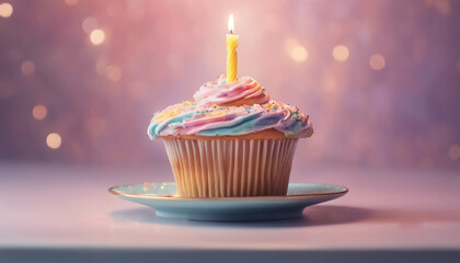 Birthday muffin with candles on a background of bokeh lights and confetti, AI generated - obrazy, fototapety, plakaty