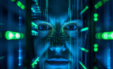 Neon Faces Amidst Interfering Systems. Supercomputer Server Cabinets for Enhanced Data Protection and Network Security