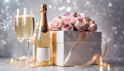Two elegant glasses of champagne among flowers and white gift boxes on a bokeh background in light colors, AI generated