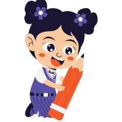 Kindergarten student girl in uniform holding pencil