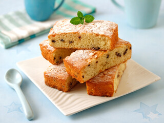 Sponge cake with chocolate chunks and almonds,