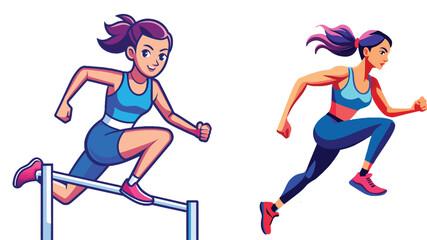 Athletic women in hurdling and sprinting action