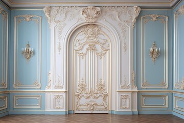 Baroque Style Carved Door Adorning Elegant Bedroom Decors - obrazy, fototapety, plakaty