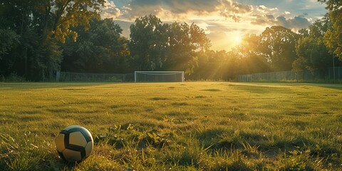 Sunlit soccer field with a single ball at the center, evoking a peaceful game day