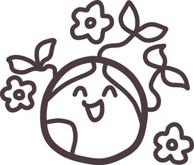 地球をかわいくデフォルメした笑顔のキャラクターに花や植物をあしらったイラスト