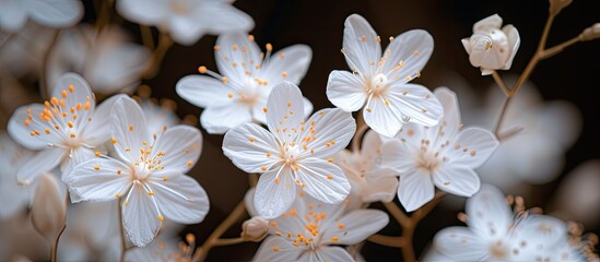 This photo showcases a cluster of white flowers with yellow stamens standing out beautifully. The delicate white petals surround the vibrant yellow centers, creating a striking contrast.
