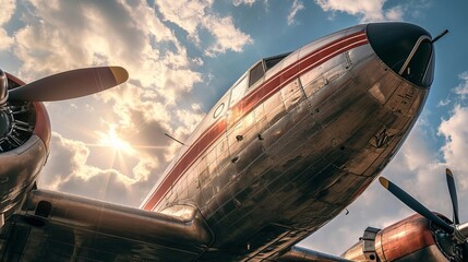 Vintage Aircraft Under Sunlit Sky: Close-Up View of Propellers and Fuselage