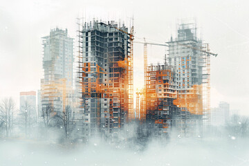 Construction site in mist with orange highlights and urban backdrop