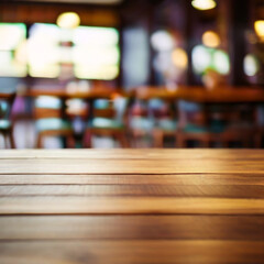 GENERATIVE AI Empty wooden table space platform and blurry defocused restaurant interior, Vintage tone