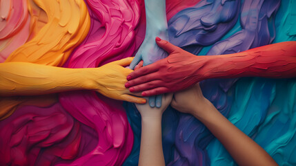 Representation of women's hands holding each other in unity for Women's Day banners. A realistic image of five hands together with colorful powder pigments on a blurred background. - obrazy, fototapety, plakaty
