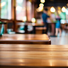 Fototapeta na wymiar GENERATIVE AI Empty wooden table space platform and blurry defocused restaurant interior, Vintage tone