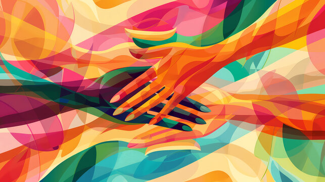 Abstract representation of women's hands holding each other in unity for Women's Day banners. A graphic of hands together with vibrant colorful painting background.