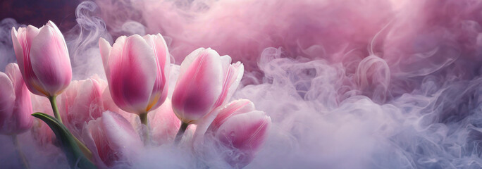 Tulipany różowe wiosenne kwiaty, puste miejsce - obrazy, fototapety, plakaty