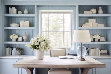 Coastal Farmhouse Chic Home Office Decor with Light Blue Accents
