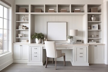 Fototapeta na wymiar Concrete Farmhouse Chic Home Office: Minimalist Design with White Cabinets
