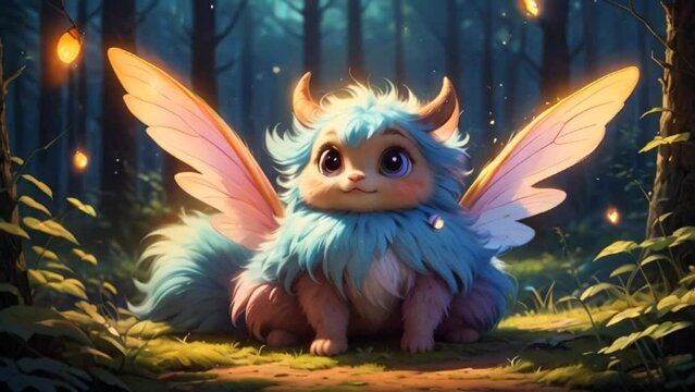 fairy tale fairy creature with pink and blue colors in a fantasy forest with fireflies and flowers