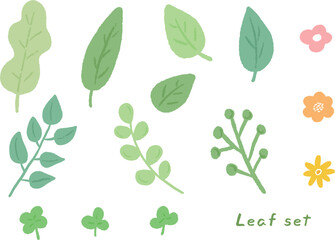 Green refreshing leaves and small flowers, cute hand-drawn illustration set / グリーンの爽やかな葉っぱと小花、かわいい手描きイラストセット