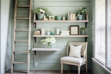 Fototapeta na wymiar Mint Chair Magic: Cozy Farmhouse Chic Home Office Ideas with Rustic Shelving Vibes