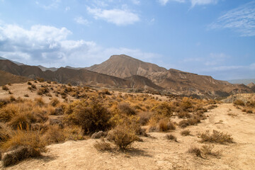 Cerros del paraje del Calvario en las cercanías de Tabernas, Almería, España. Paisaje árido...